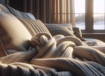 Gato cómodo en una cama calefactora durante el invierno