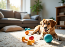 Perro jugando con juguetes resistentes y duraderos