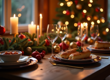 Cane festoso con decorazioni natalizie