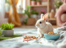 Conejo feliz siendo acariciado por su dueño