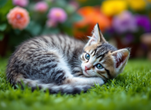 Gattino che gioca con un bambino sorridente