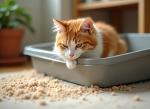 Gato feliz jugando con arena de calidad