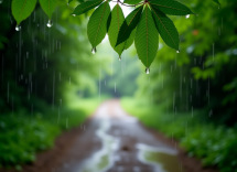 Perro con impermeable paseando bajo la lluvia