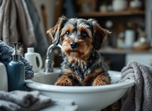 Perro siendo bañado en invierno con cuidado