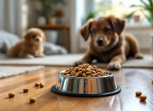 Cane felice che mangia cibo sano e nutriente