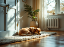 Anciano acariciando a su perro en casa