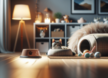 Gato feliz celebrando el Día del Gato con juguetes