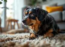 Perro adoptado explorando su nuevo hogar