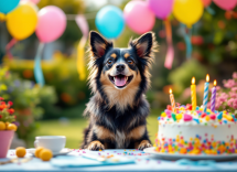 Perro disfrutando de una fiesta de cumpleaños con globos