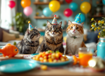 Gatto festeggiando il compleanno con decorazioni