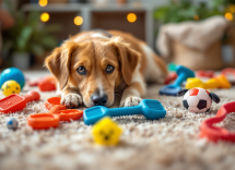 Perro jugando con juguetes coloridos y saludables