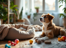 Cachorro feliz jugando en casa con juguetes