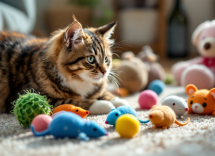 Gato jugando con un juguete colorido y divertido