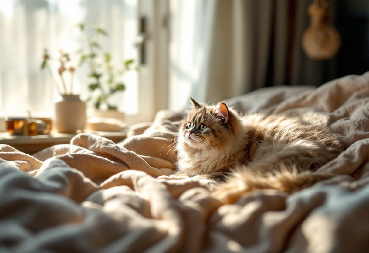 Gato himalayo con un piatto di cibo sano