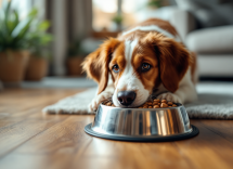 Cane anziano che mangia cibo sano e nutriente