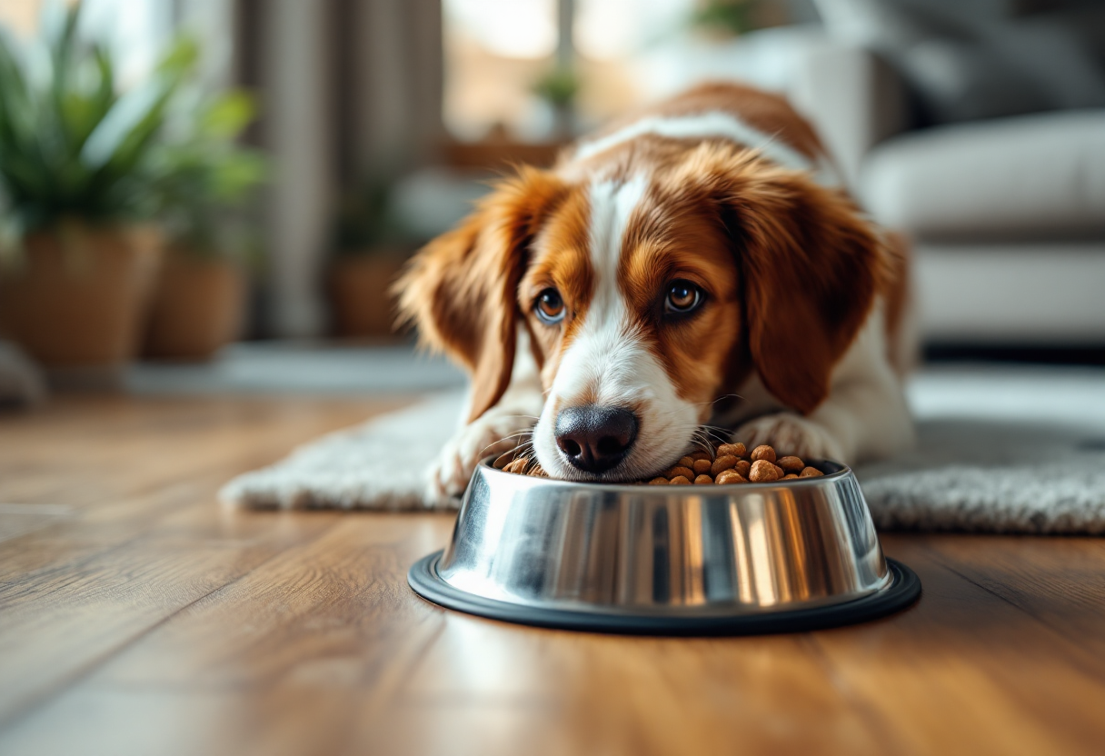 Cane anziano che mangia cibo sano e nutriente