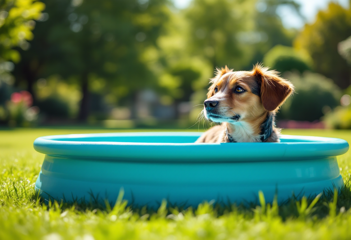 Perro disfrutando de una piscina en un día soleado