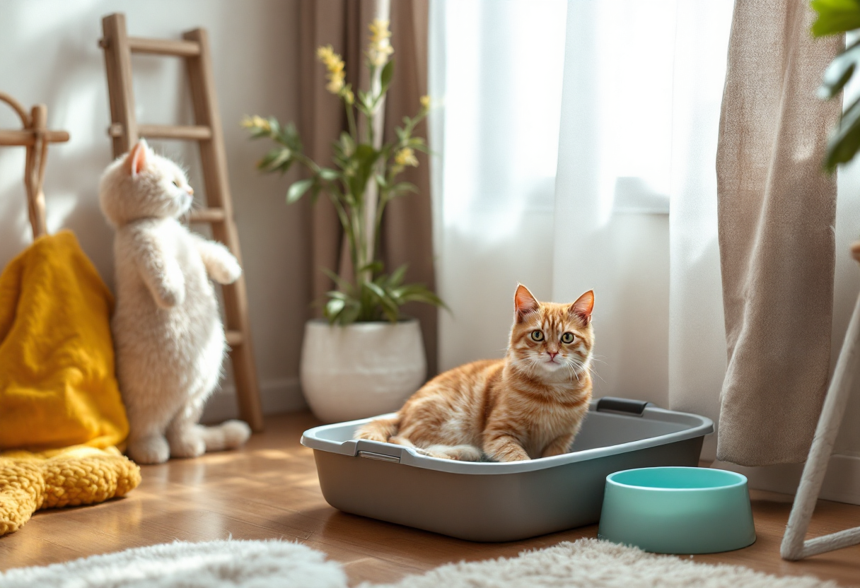 Gato mirando su bandeja sanitaria sin usar