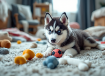 Cachorro de husky jugando en el jardín