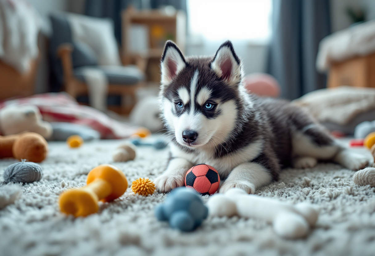 Cachorro de husky jugando en el jardín