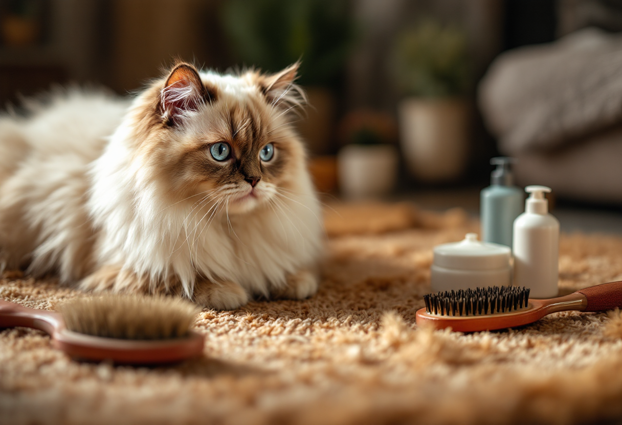 Gato sagrado de Birmania siendo cepillado