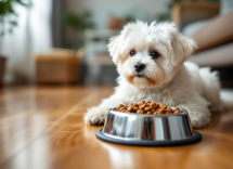 Bichón maltés mangiando cibo sano e nutriente