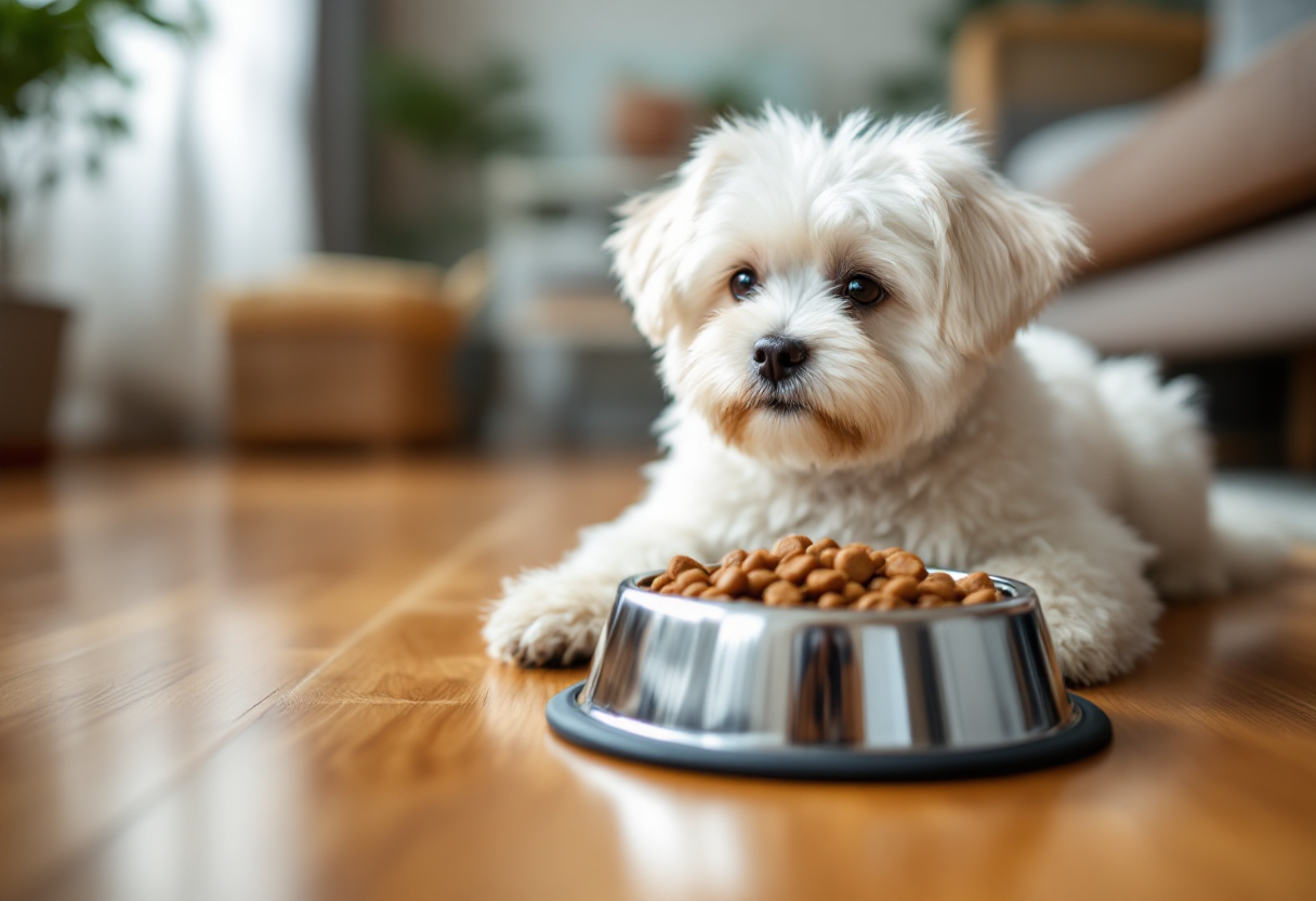Bichón maltés mangiando cibo sano e nutriente