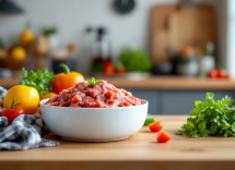 Cane che mangia cibo fresco secondo la dieta BARF