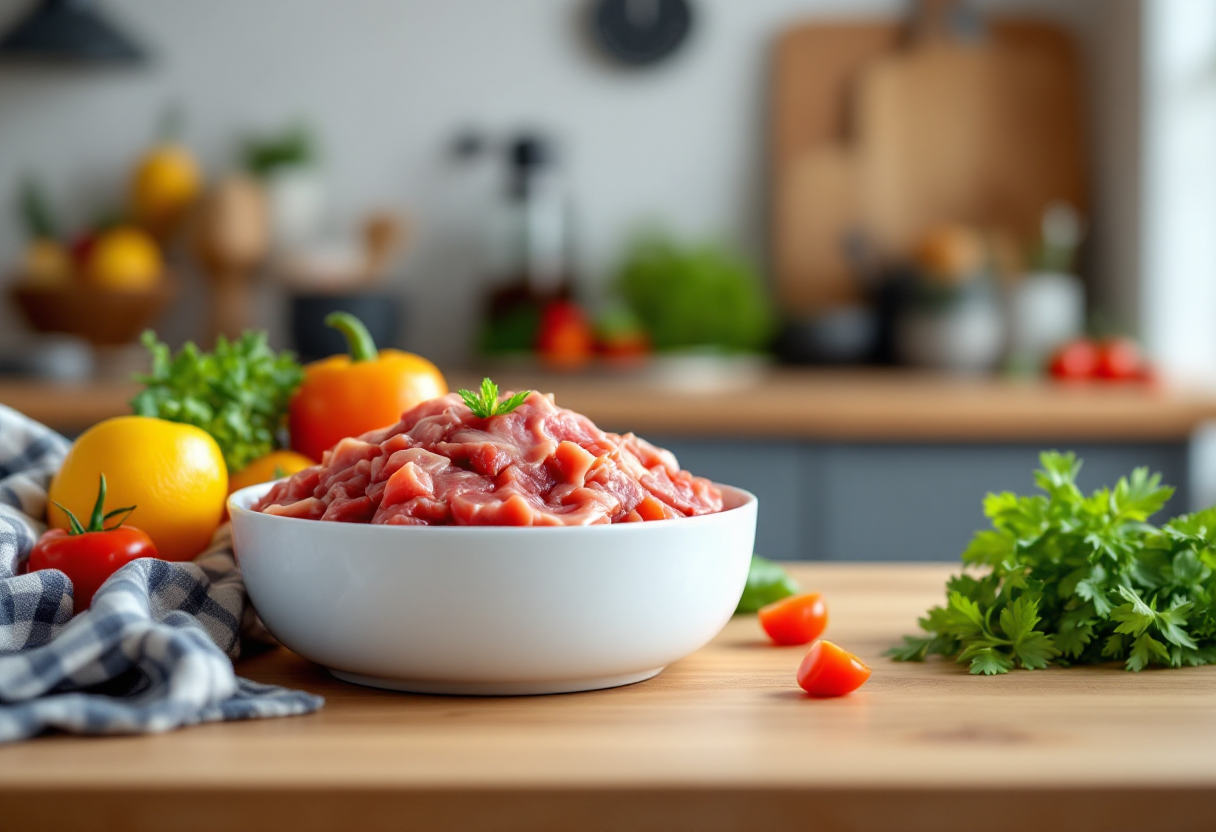 Cane che mangia cibo fresco secondo la dieta BARF