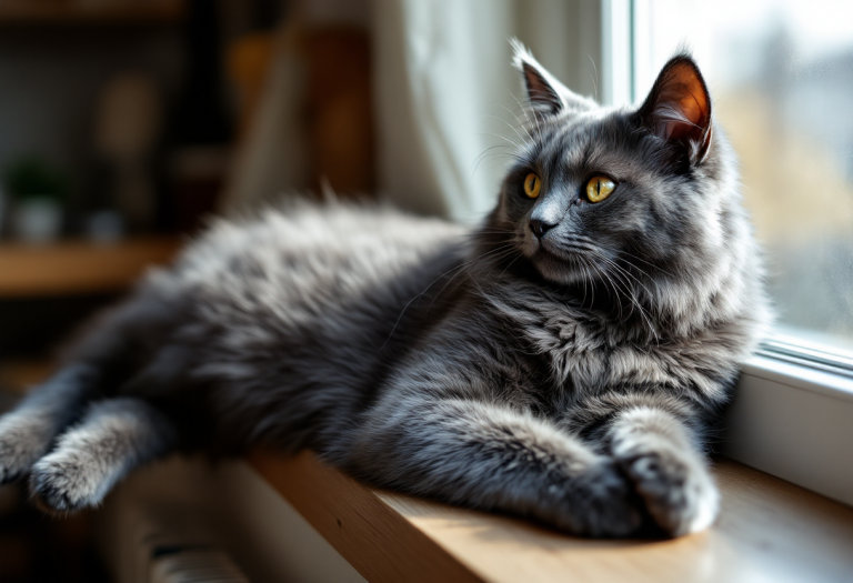 Gato azul ruso con pelaje brillante y ojos cautivadores
