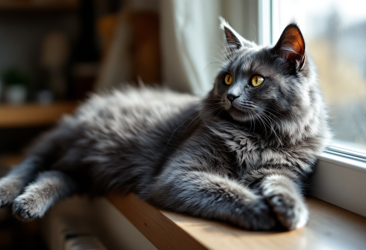 Gato azul ruso con pelaje brillante y ojos cautivadores