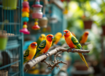 Agapornis colorati in una gabbia ben attrezzata