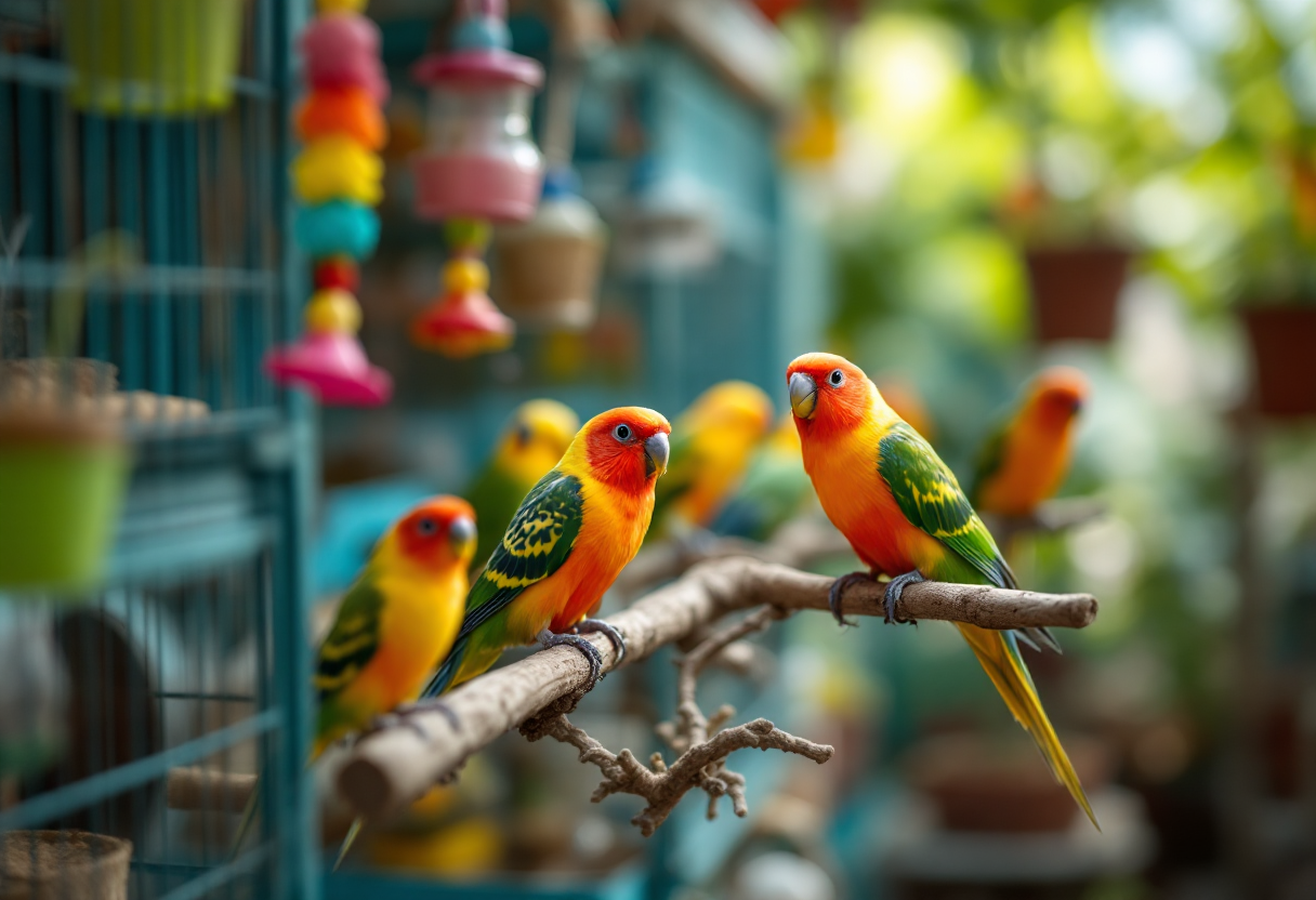 Agapornis colorati in una gabbia ben attrezzata