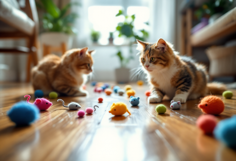 Gato azul ruso jugando con juguetes estimulantes