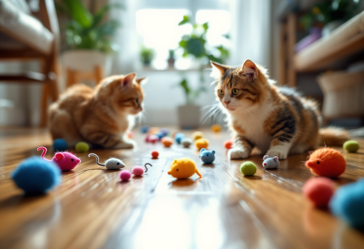 Gato azul ruso jugando con juguetes estimulantes