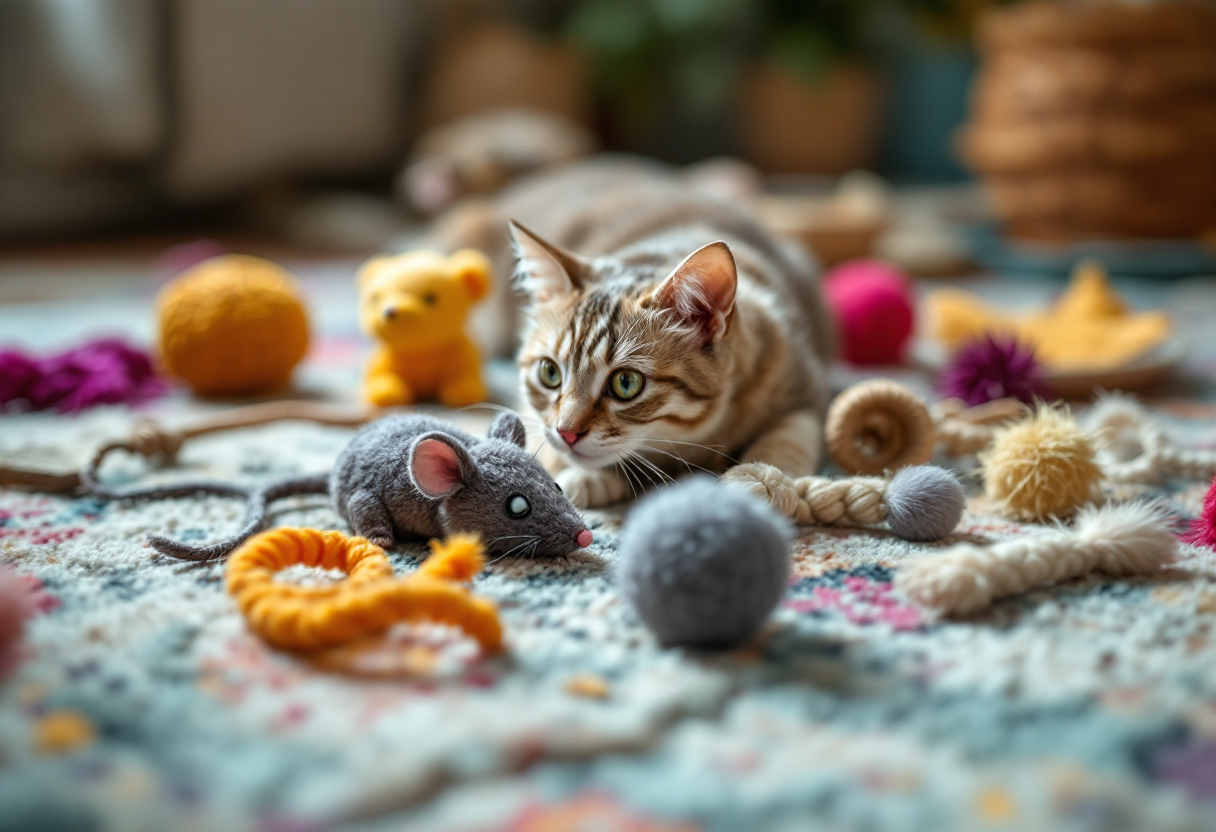 Gato British Shorthair jugando con juguetes coloridos