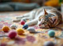 Gato jugando con un juguete interactivo colorido