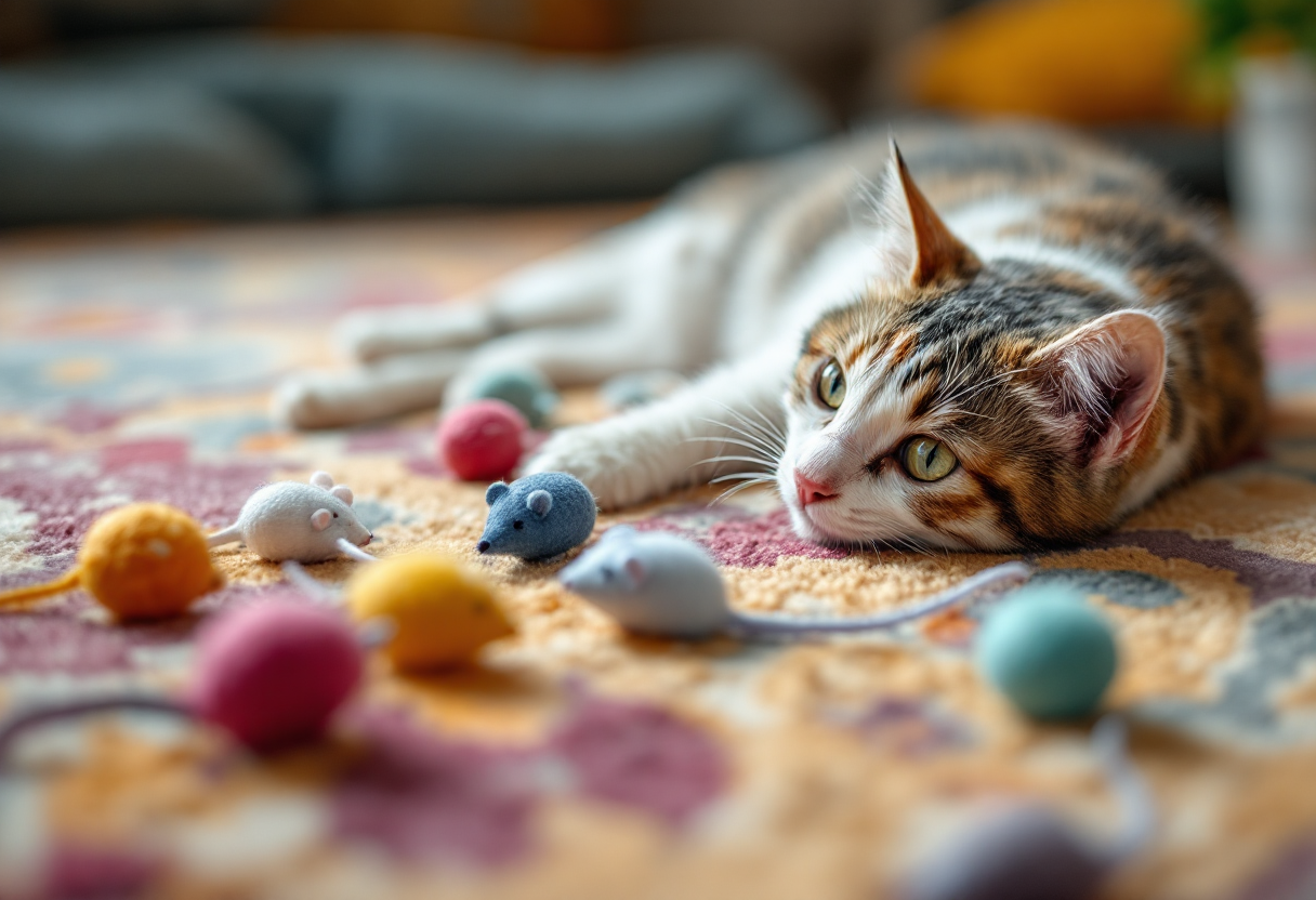 Gato jugando con un juguete interactivo colorido