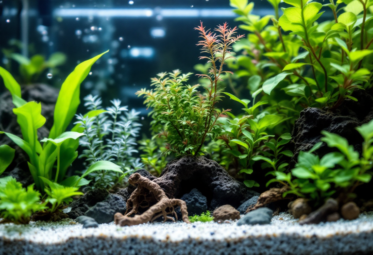 Diversas plantas de agua dulce en un acuario
