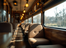 Perro feliz viajando en tren con su dueño