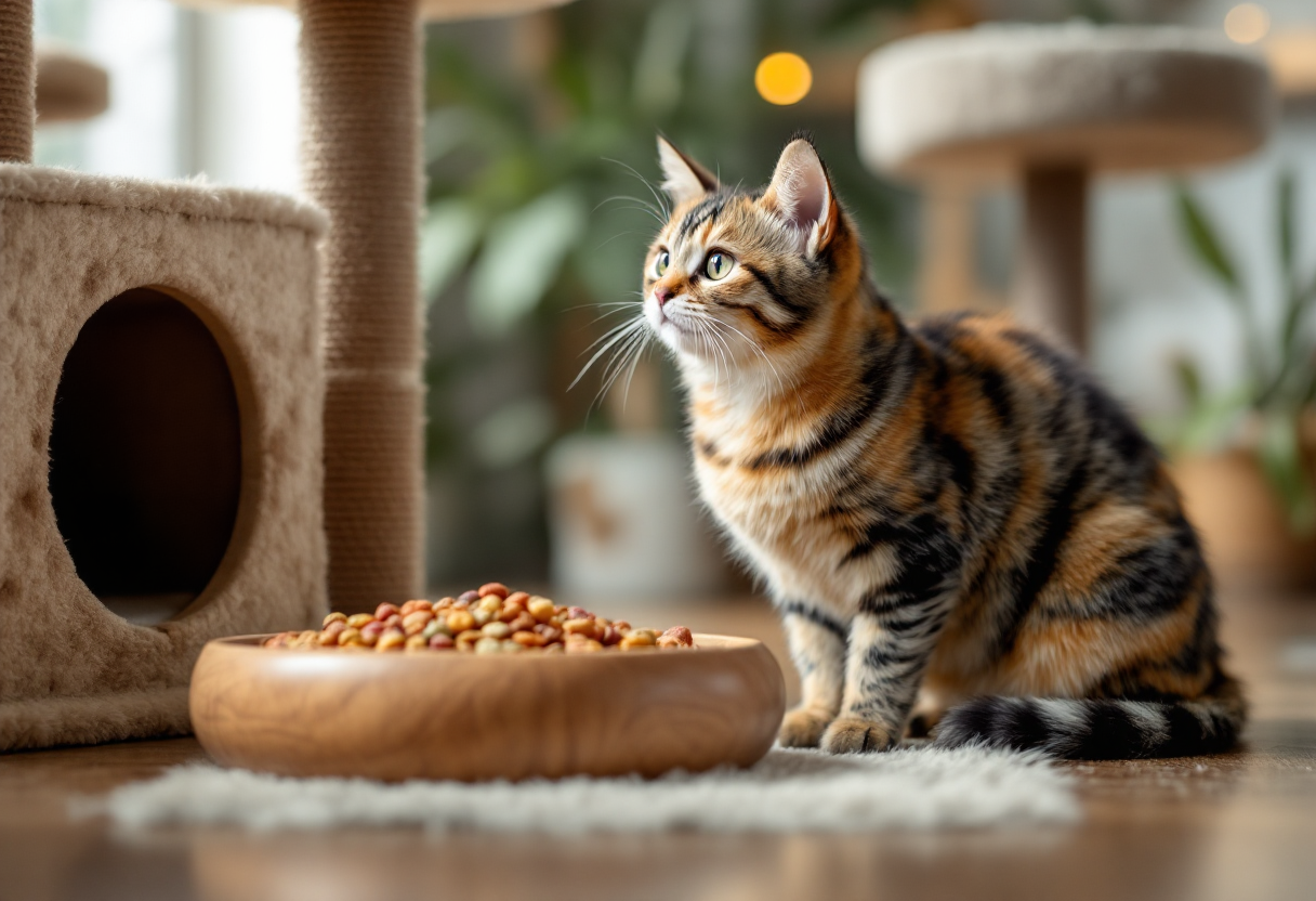 Gatto sano che mangia cibo ricco di vitamine